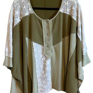 POL Womens' Exposed Stitch Oversized Top Olive White Waffle Knit Shirt